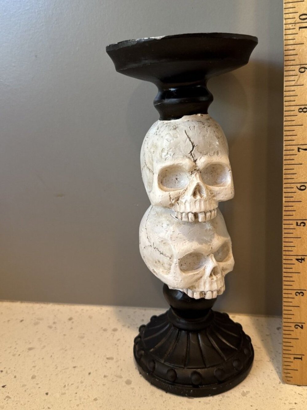 White Skull Black Candle Halloween decor 10” Tall
